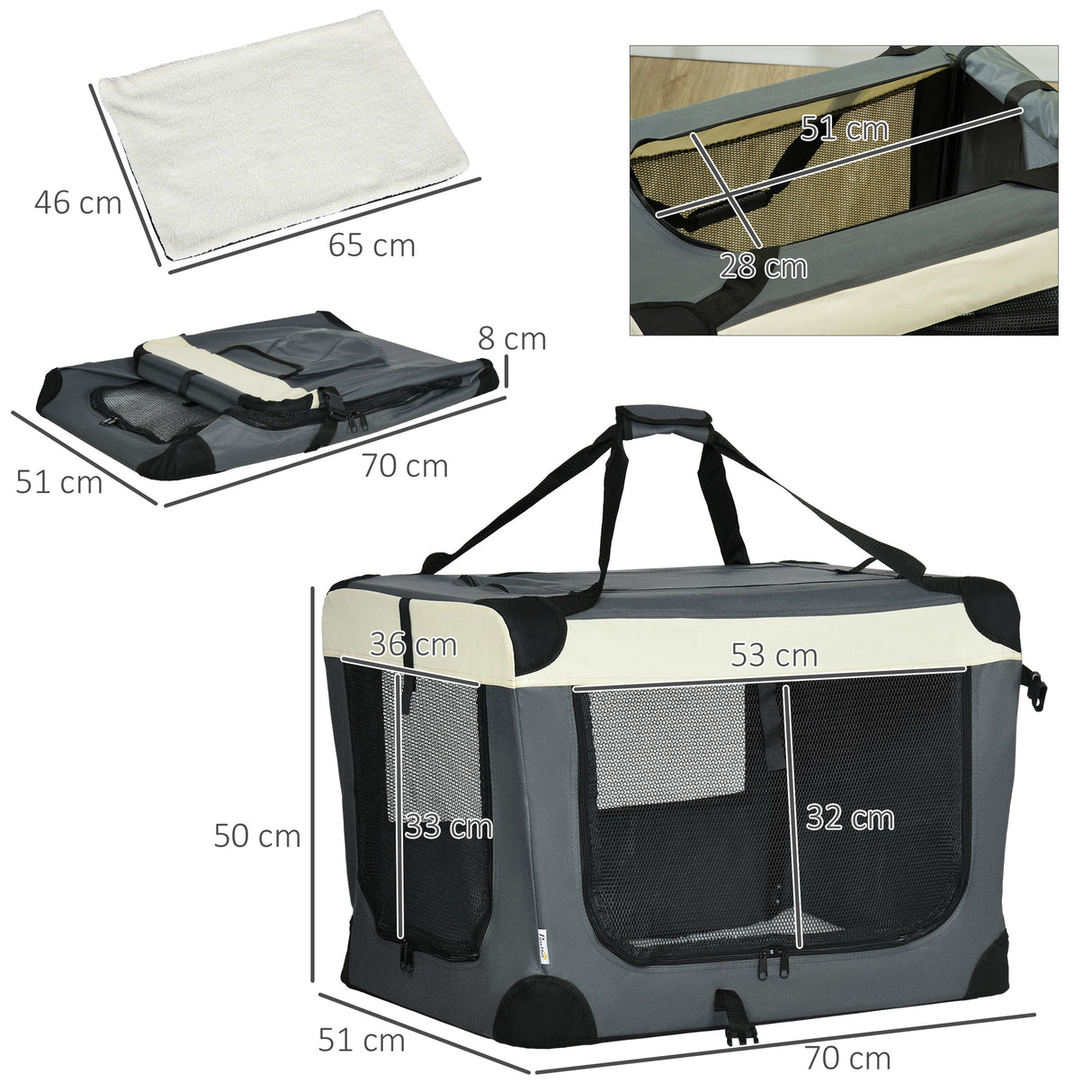 easycomfort easycomfort trasportino per cani e gatti fino 4kg pieghevole con 3 aperture e cuscino 70x51x50cm grigio