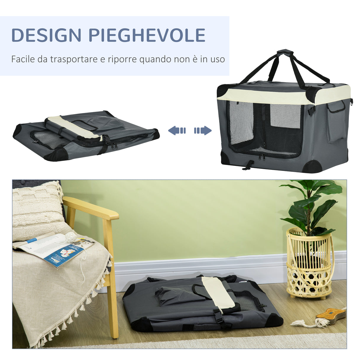 easycomfort easycomfort trasportino per cani e gatti fino 4kg pieghevole con 3 aperture e cuscino 70x51x50cm grigio