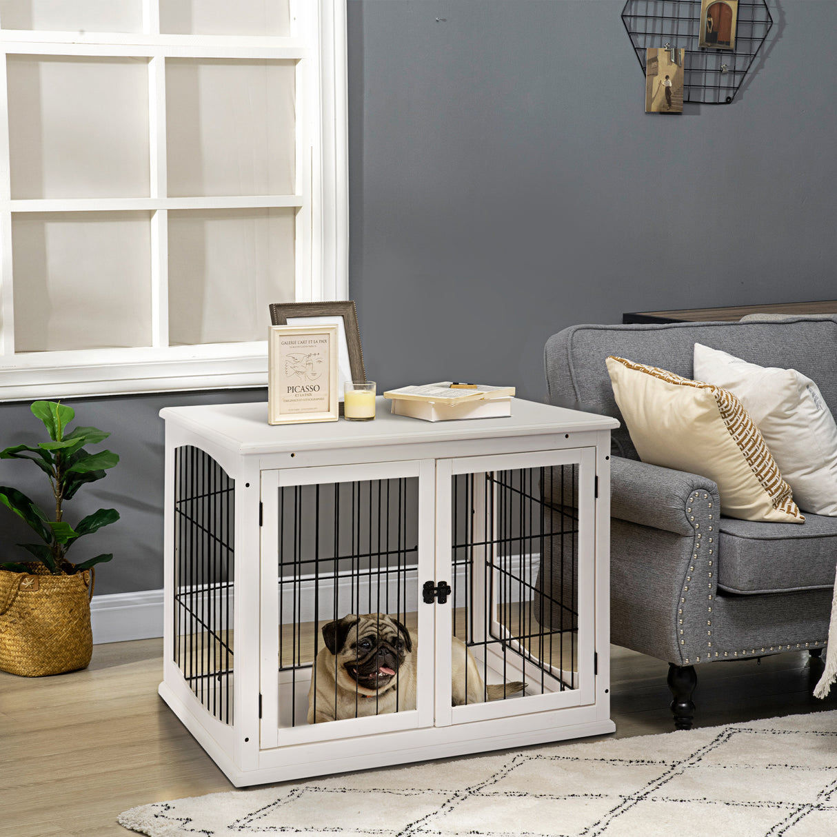 easycomfort easycomfort casetta per cani fino 30kg da interno in legno e acciaio 58.5x81x 66cm bianco