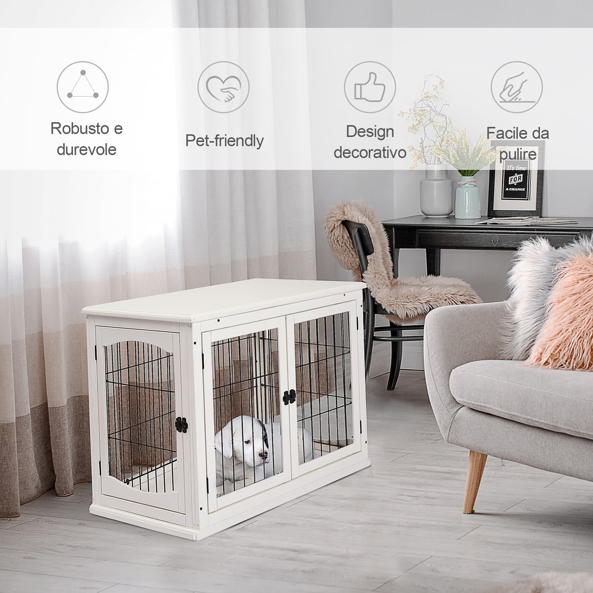 easycomfort easycomfort casetta per cani fino 30kg da interno in legno e acciaio 58.5x81x 66cm bianco