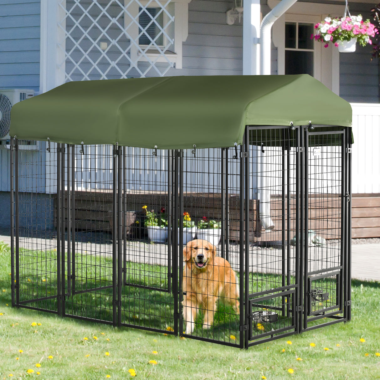 easycomfort easycomfort kennel per cani in acciaio per interni ed esterni con tettuccio in tessuto oxford e 2 ciotole 244x122x183 cm