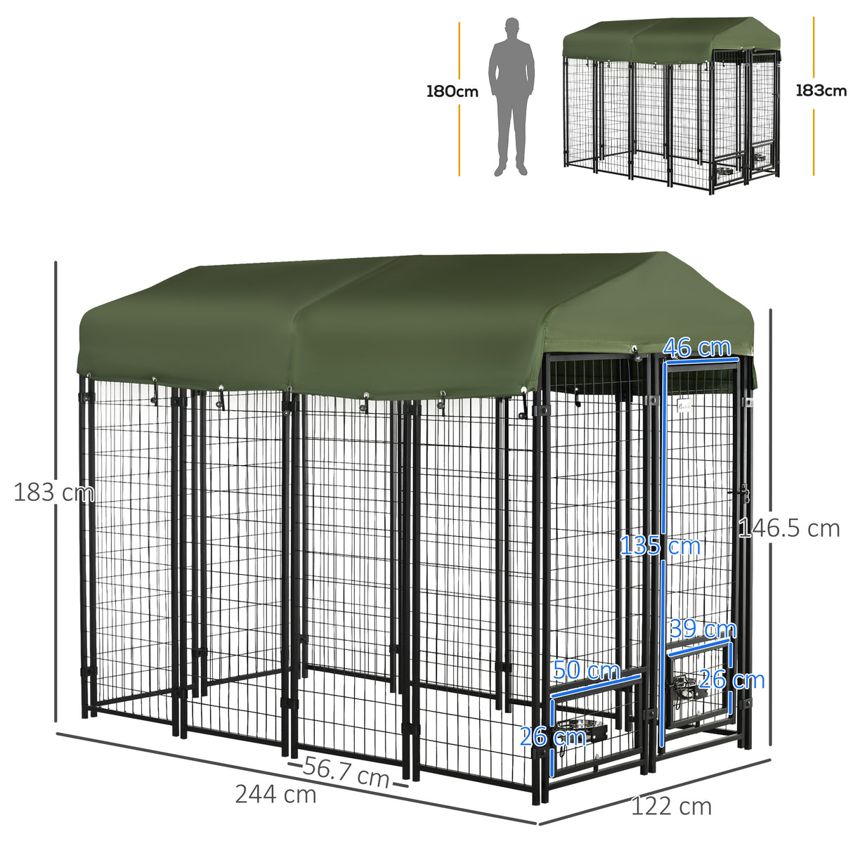 easycomfort easycomfort kennel per cani in acciaio per interni ed esterni con tettuccio in tessuto oxford e 2 ciotole 244x122x183 cm