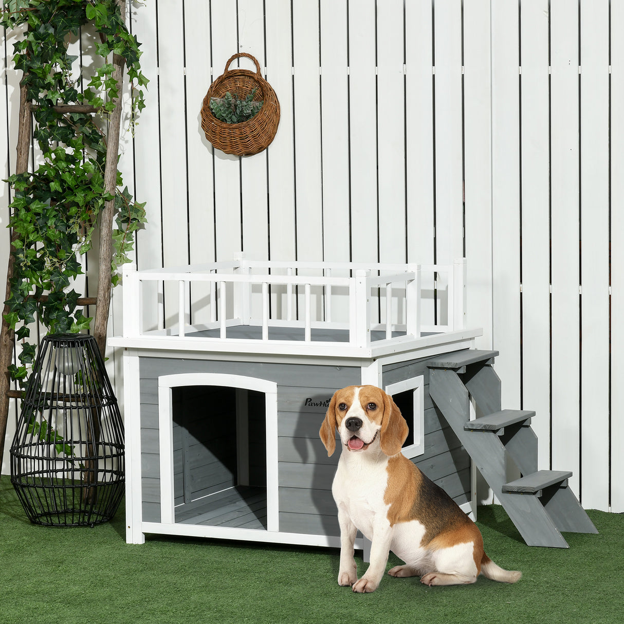 easycomfort easycomfort casetta per cani con terrazza scaletta e finestra 121x77x78cm grigio chiaro