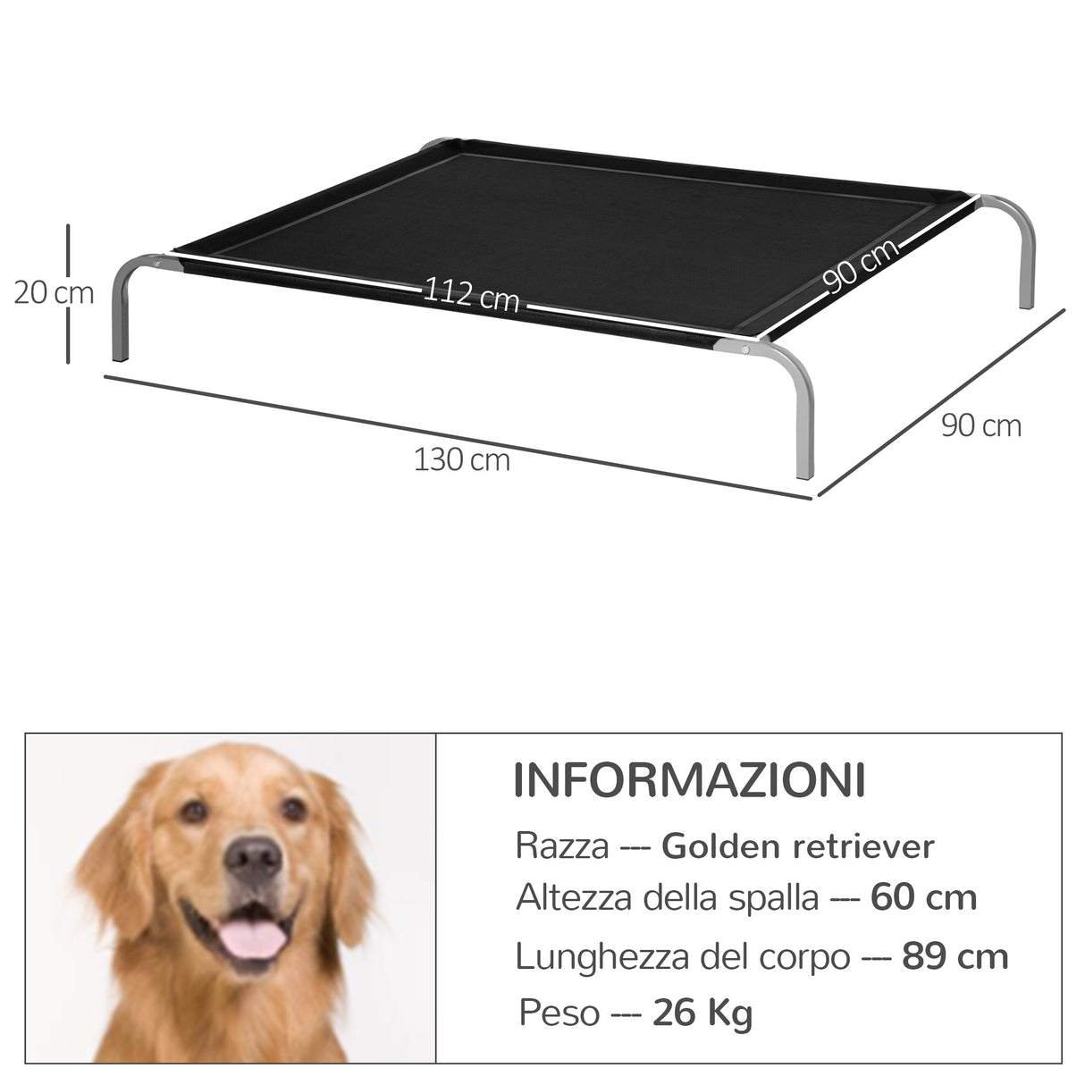 easycomfort easycomfort lettino per cani da interno ed esterno capacita fino a 32kg con tessuto traspirante 130x90x20cm nero