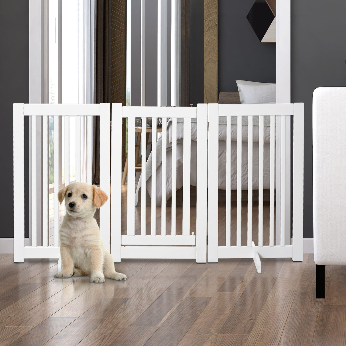 easycomfort easycomfort cancellino per cani pieghevole a 3 pannelli porta centrale con blocco struttura in mdf 155x76cm bianco