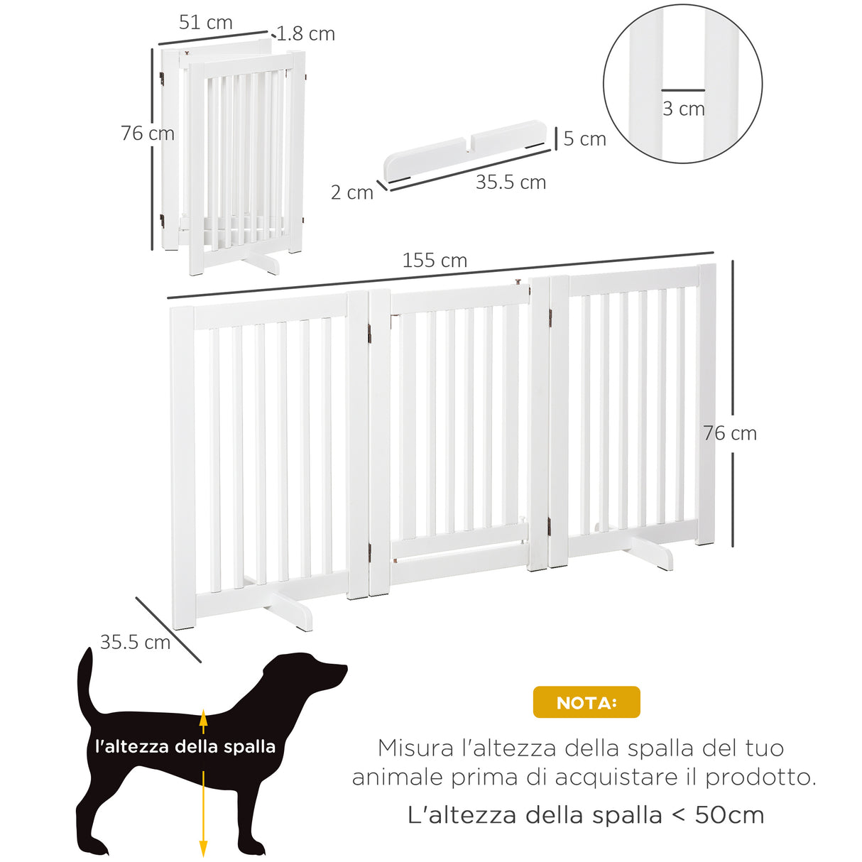 easycomfort easycomfort cancellino per cani pieghevole a 3 pannelli porta centrale con blocco struttura in mdf 155x76cm bianco
