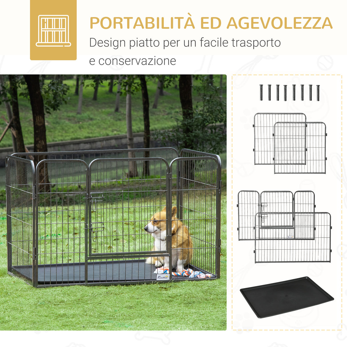 easycomfort easycomfort box per cani recinzione in metallo per animali con 4 pannelli porta con doppio blocco e vassoio sul fondo 125x78x80cm grigio