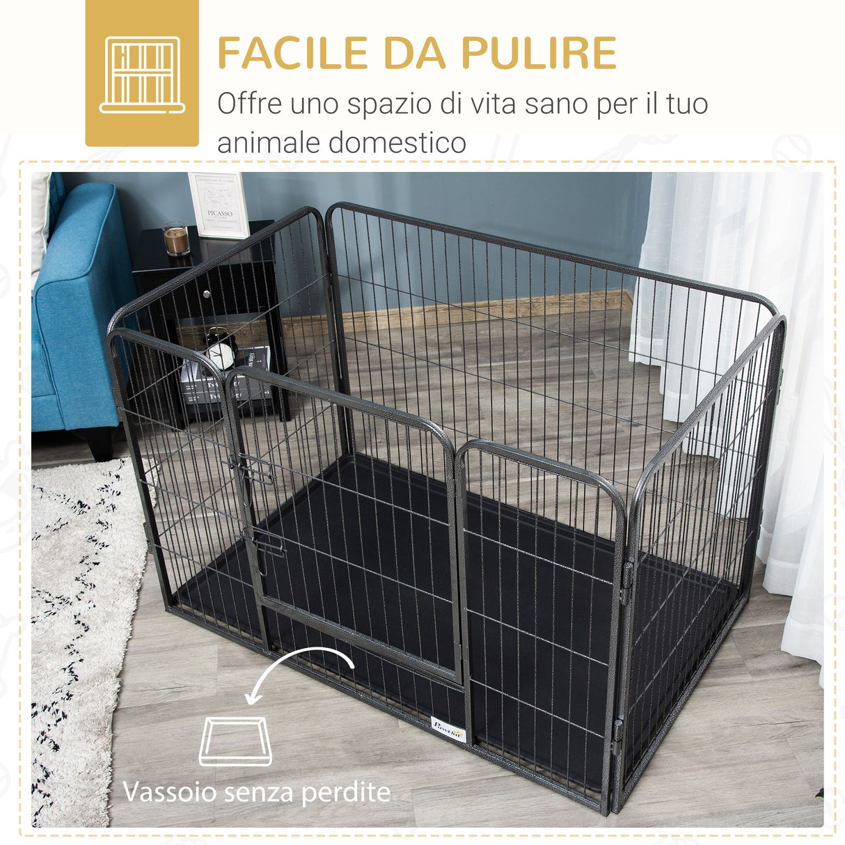 easycomfort easycomfort box per cani recinzione in metallo per animali con 4 pannelli porta con doppio blocco e vassoio sul fondo 125x78x80cm grigio