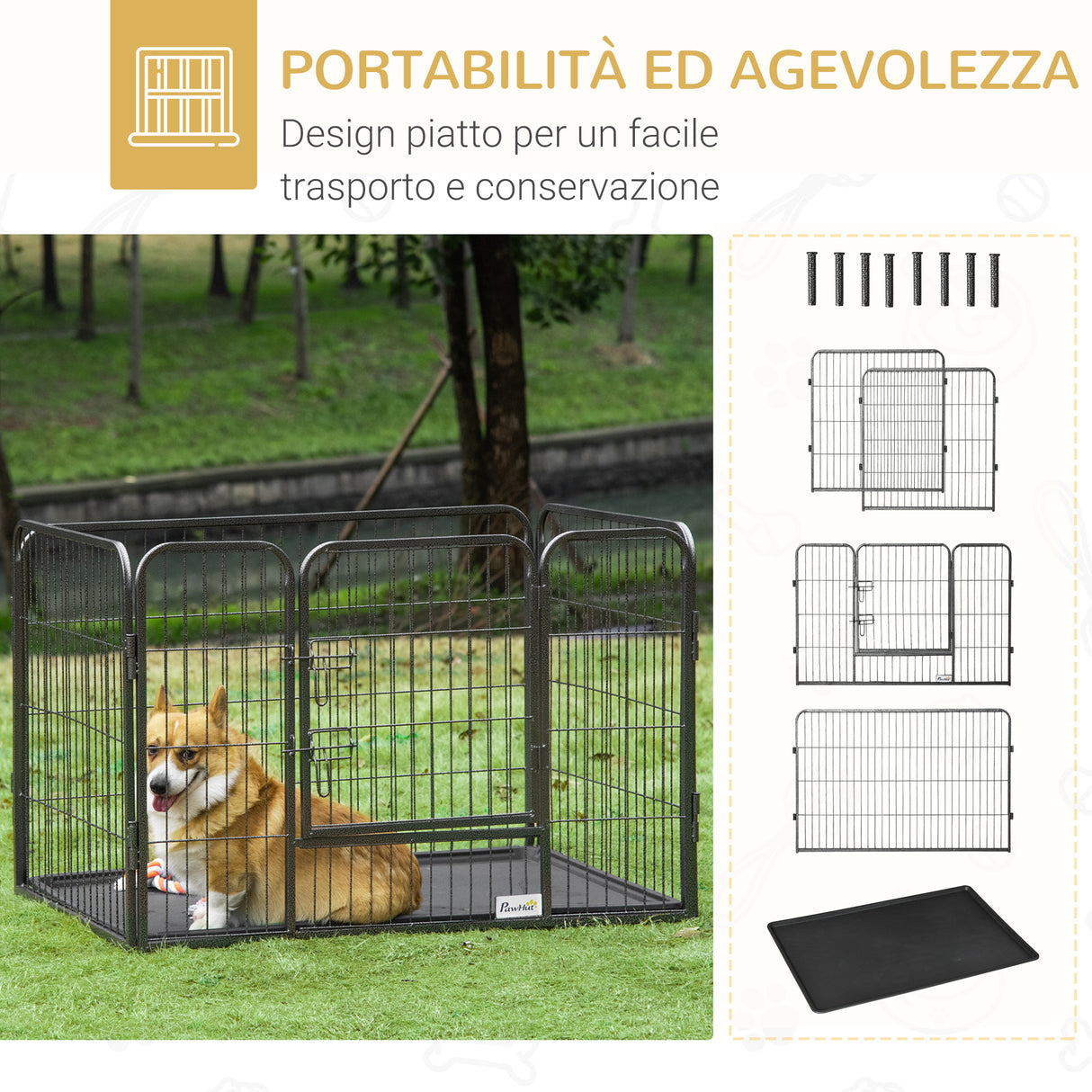 easycomfort easycomfort box per cani recinzione in metallo per animali con 4 pannelli porta con doppio blocco e vassoio sul fondo 109x74x71cm grigio