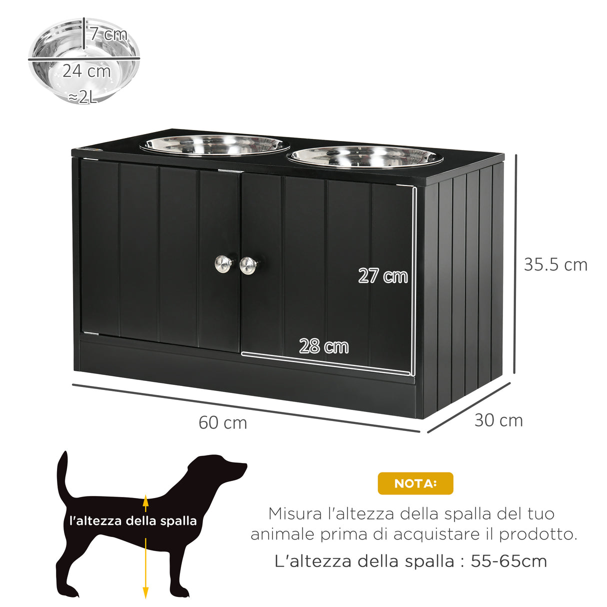 easycomfort easycomfort ciotola per cani rialzata con vano contenitore 2 ciotole in acciaio inox rimovibili 60x30x35.5cm nero