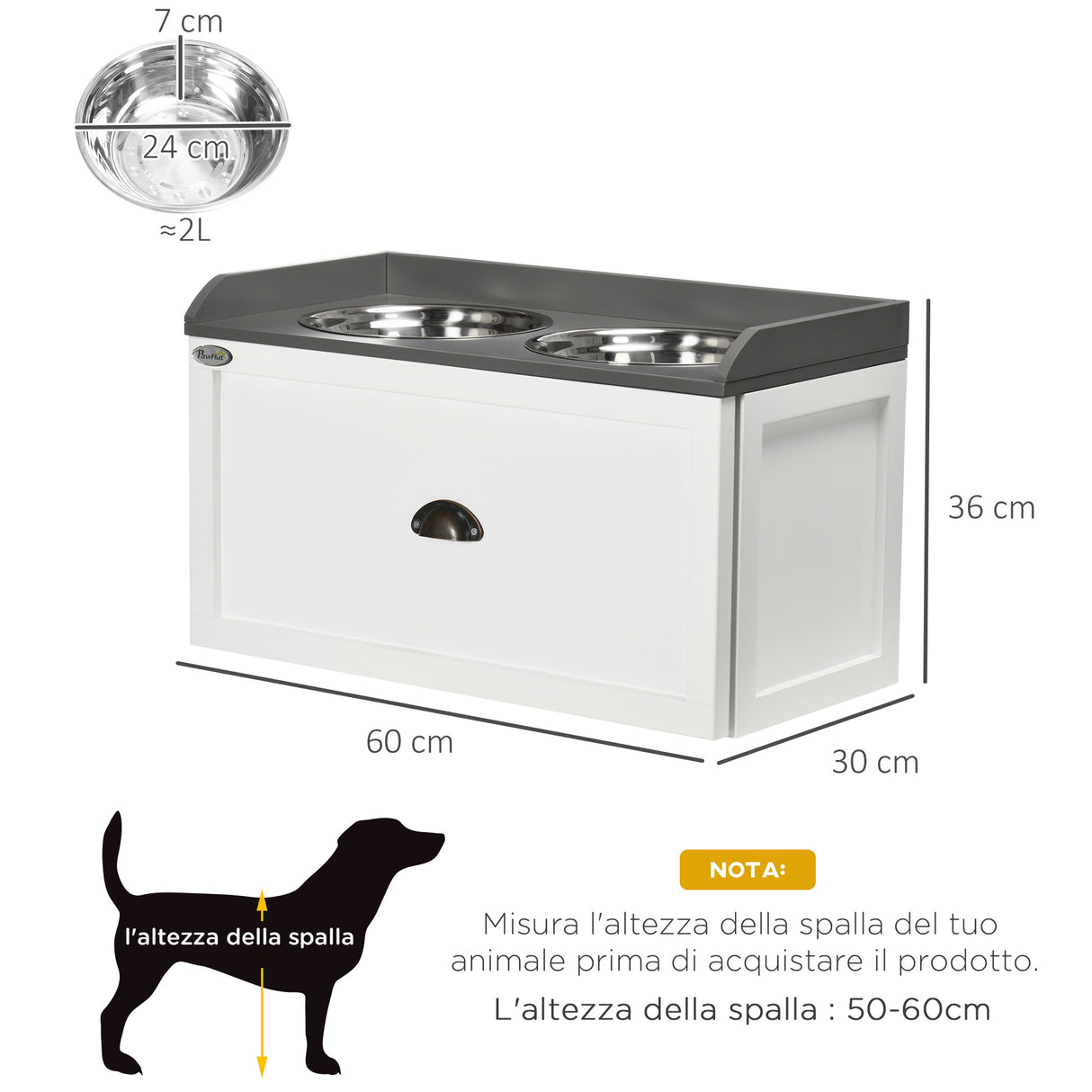easycomfort easycomfort ciotole per cani rialzate in acciaio inox e legno con cassetto 60x30x36cm bianco e grigio