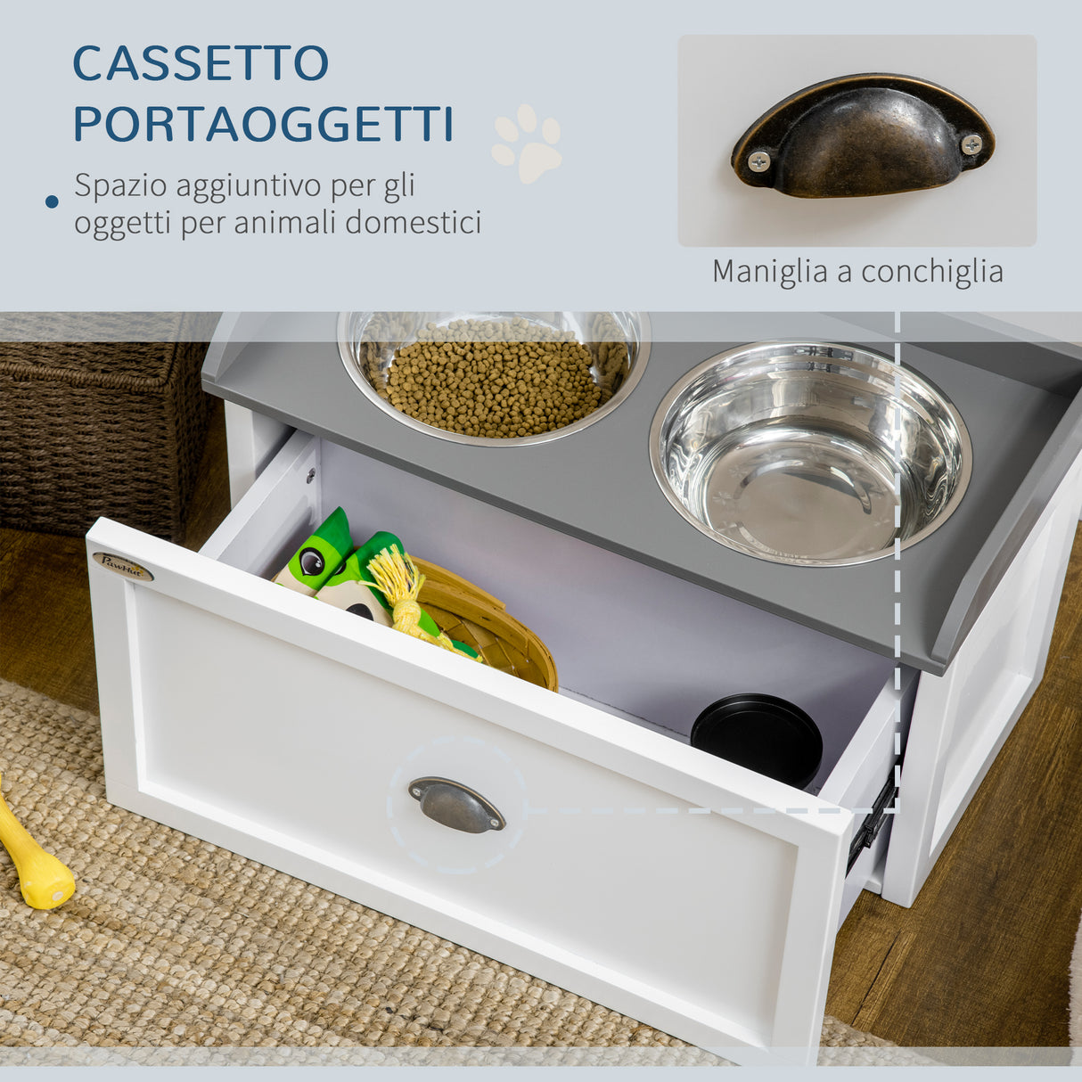 easycomfort easycomfort ciotole per cani rialzate in acciaio inox e legno con cassetto 60x30x36cm bianco e grigio