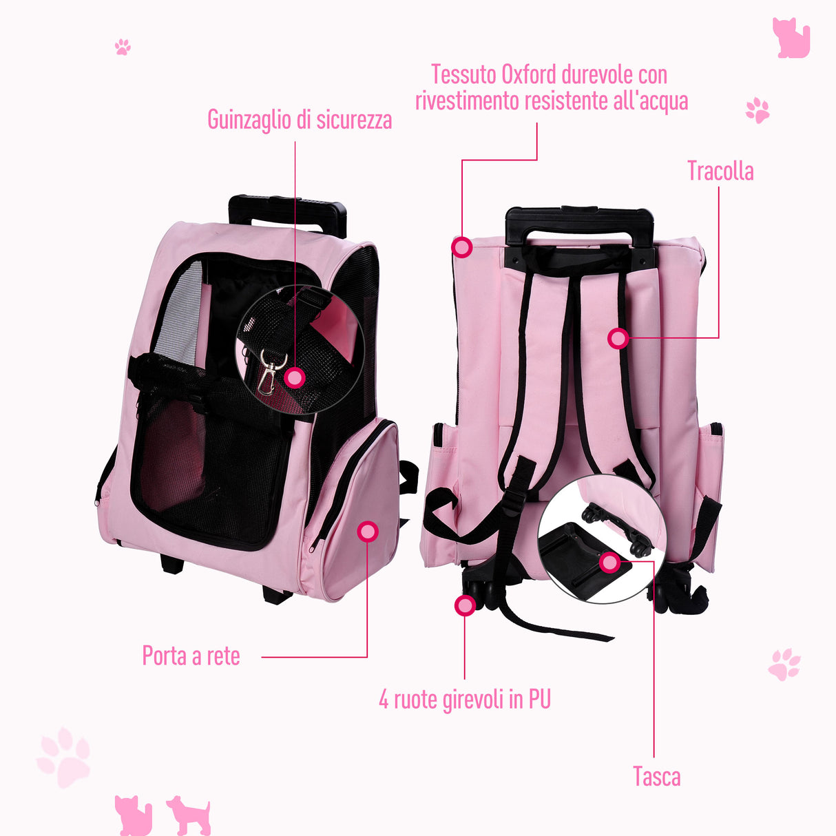 easycomfort easycomfort trolley zaino di viaggio per animali domestici multiuso 2 in 1 in panno di oxford 36 x 30 x 49cm rosa ean 8054111841702