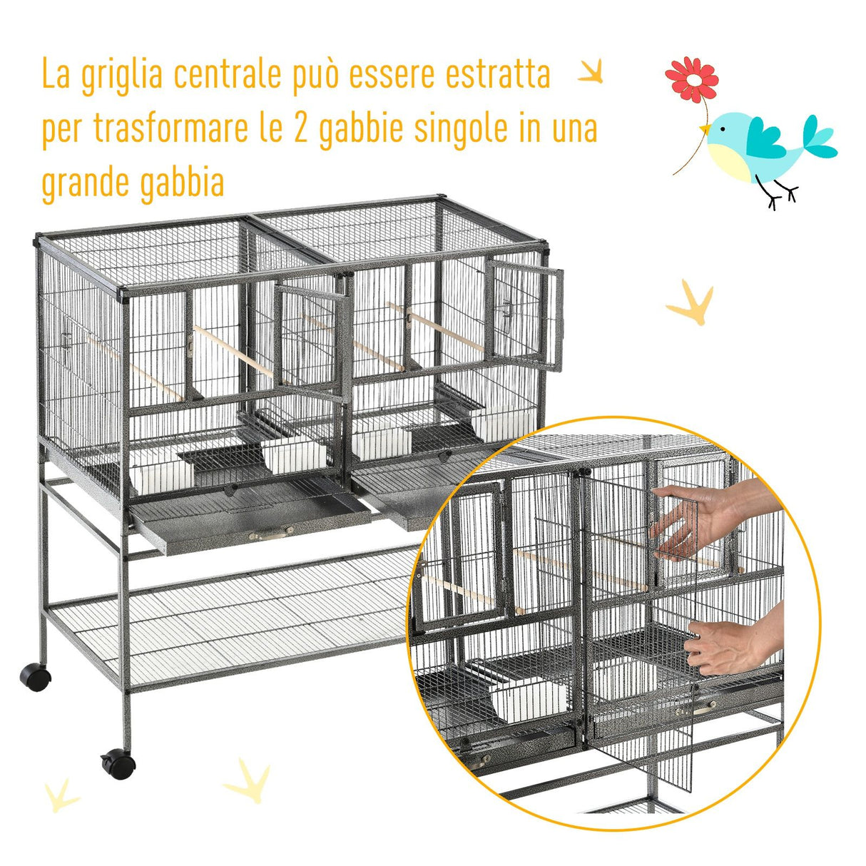 easycomfort easycomfort doppia gabbia per uccelli in metallo con vassoi estraibili supporto con 4 ruote e ripiano 95x45.5x102cm grigio
