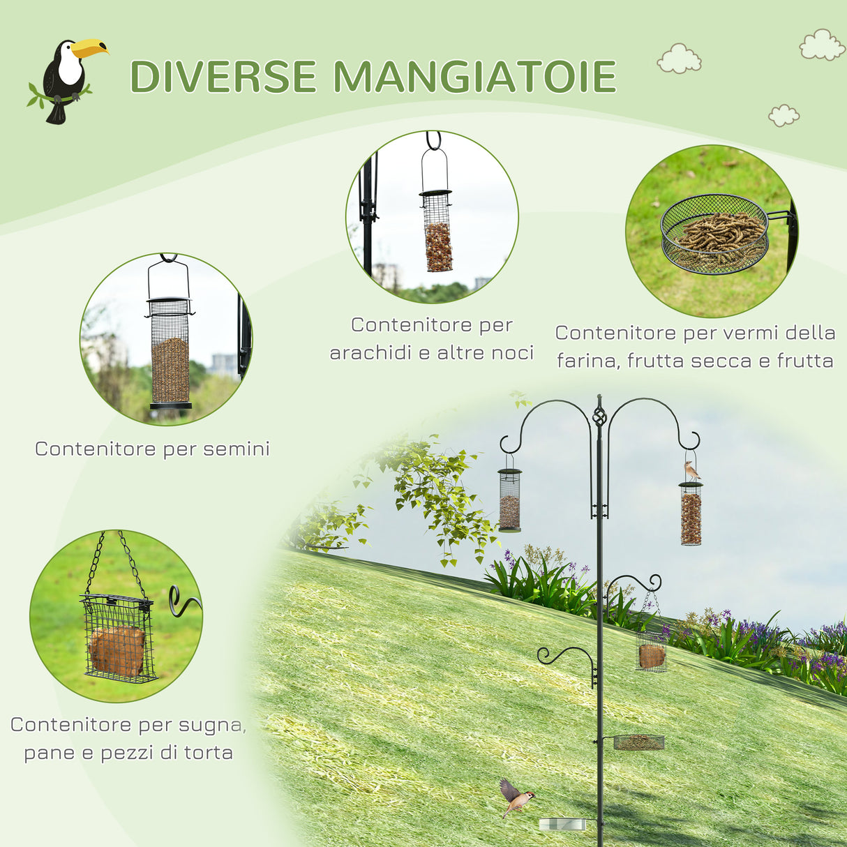 easycomfort easycomfort mangiatoia per uccelli a 4 ganci con vassoi e 3 alimentatori diversi in acciaio 54 5x54 5x208cm nera