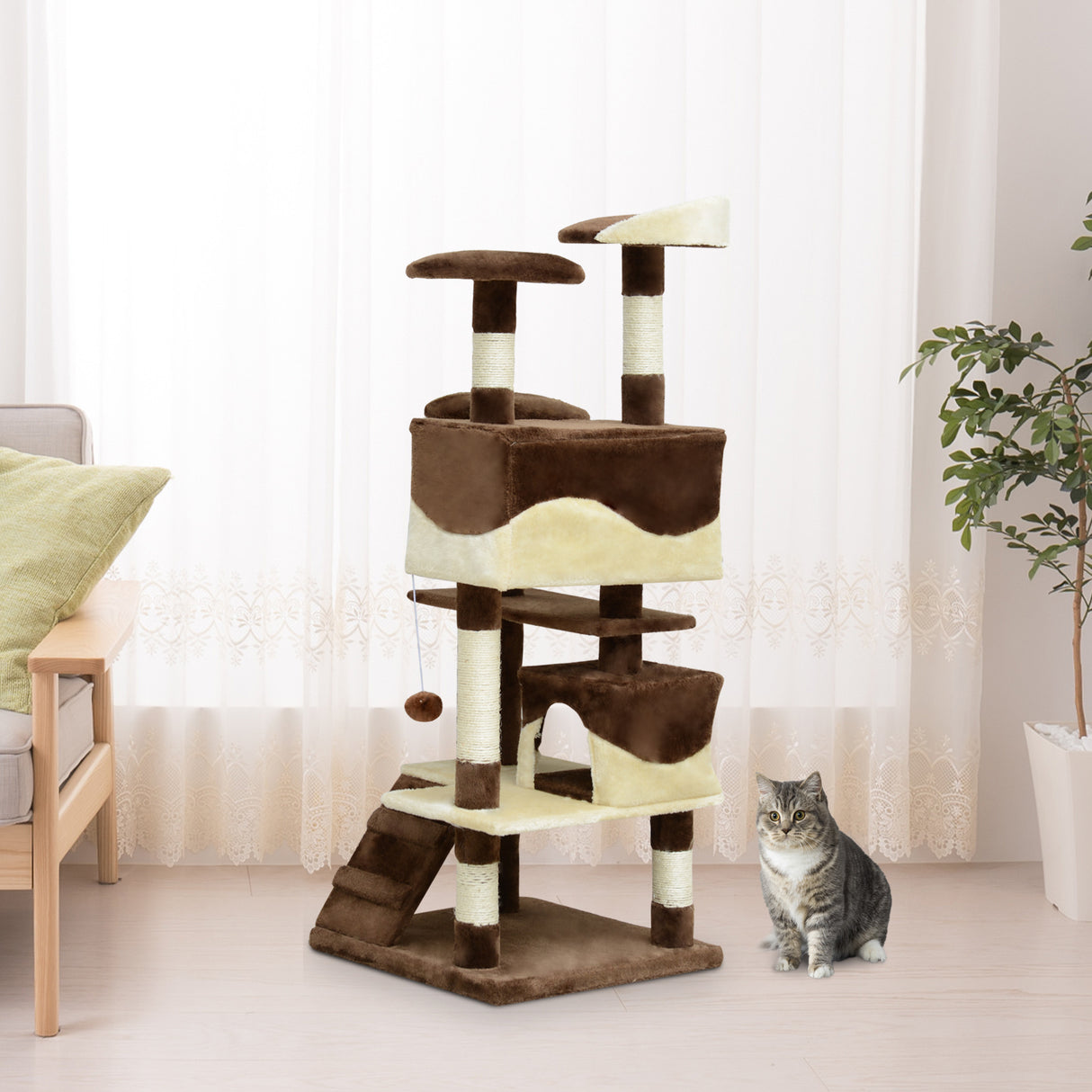 easycomfort easycomfort albero per gatti in peluche e sisal con cucce e pallina caffe e crema 50x50x132cm ean 8054111849043