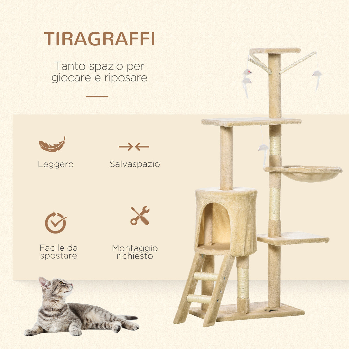 easycomfort easycomfort albero tiragraffi con cuccia per gatti in legno sisal naturale beige 40x30x131cm ean 8054111842464
