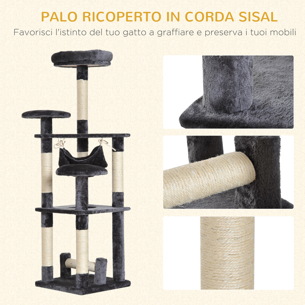 easycomfort easycomfort albero tiragraffi per gatti a 4 livelli in peluche sisal naturale grigio 40x40x132cm ean 8054111847261