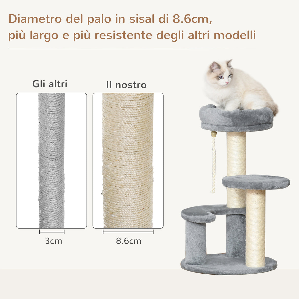 easycomfort easycomfort albero per gatti a 3 livelli in peluche sisal naturale grigio 40x65cm ean 8054111843539