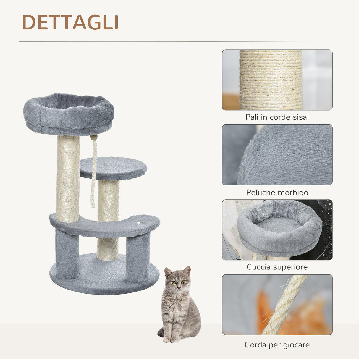 easycomfort easycomfort albero per gatti a 3 livelli in peluche sisal naturale grigio 40x65cm ean 8054111843539