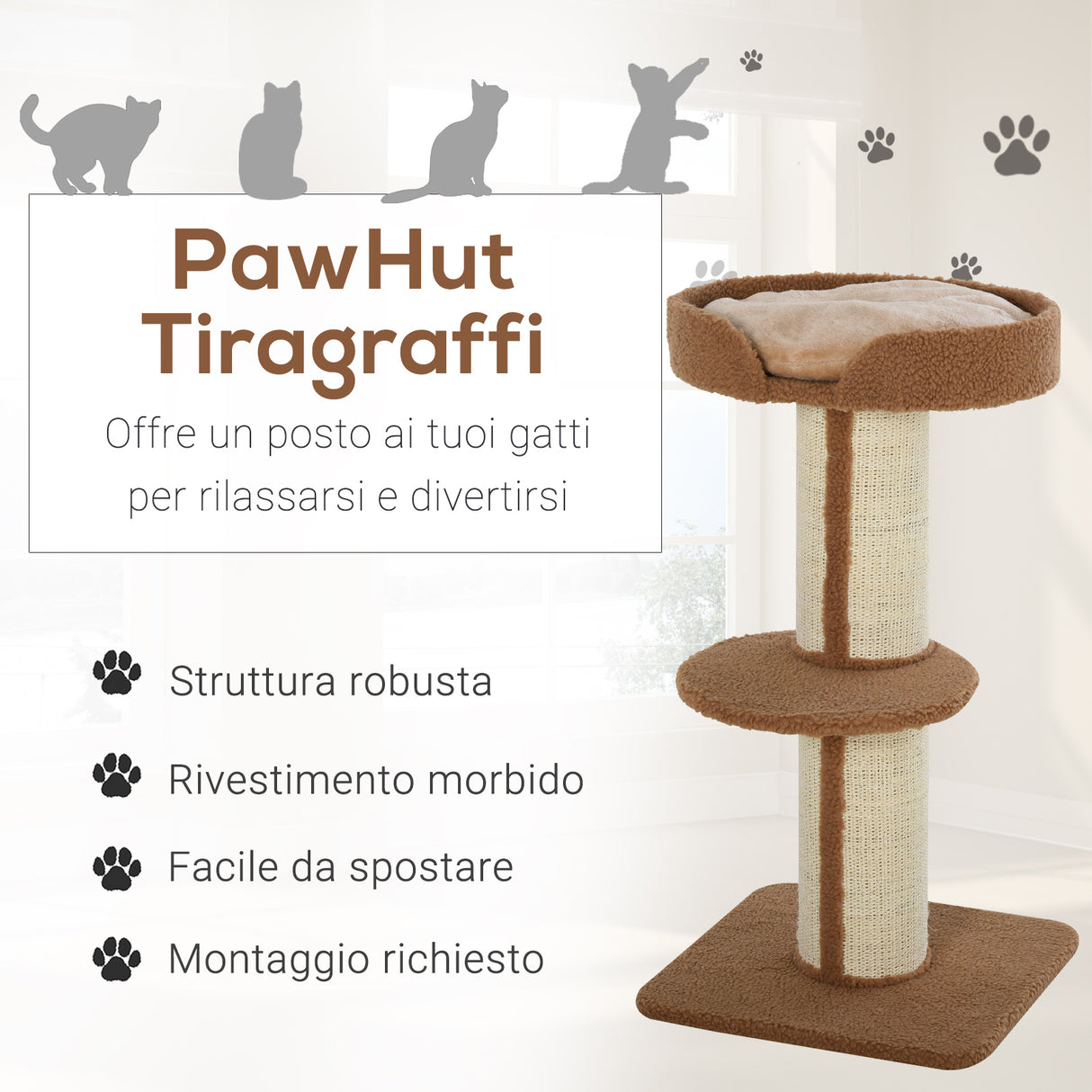 easycomfort easycomfort tiragraffi ad albero per gatti con cuccia cuscino rivestimento peluche e pali in corda sisal marrone