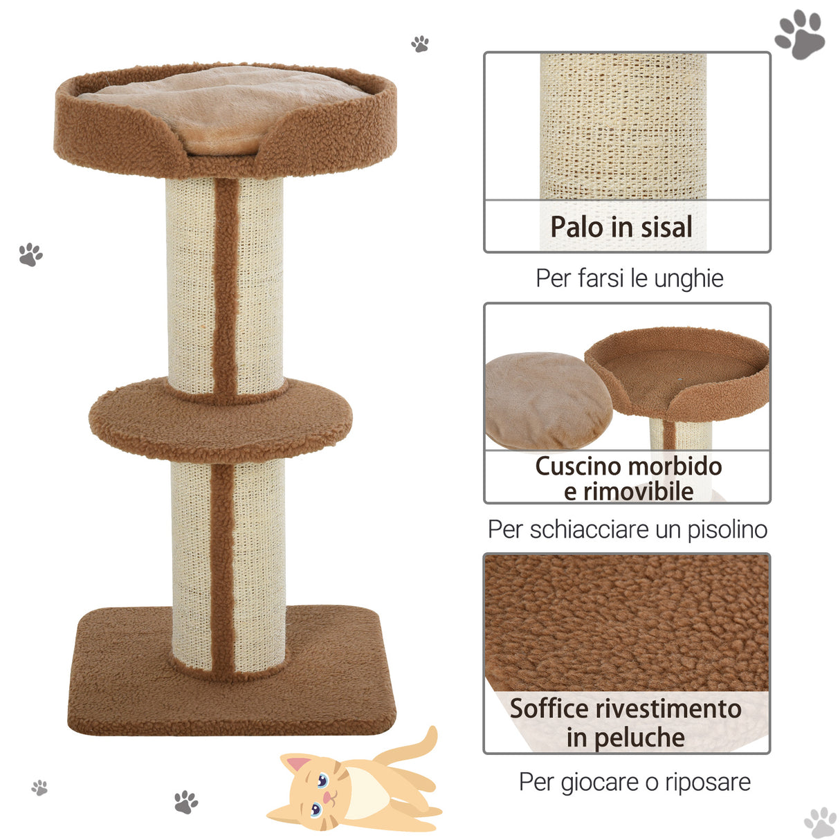 easycomfort easycomfort tiragraffi ad albero per gatti con cuccia cuscino rivestimento peluche e pali in corda sisal marrone