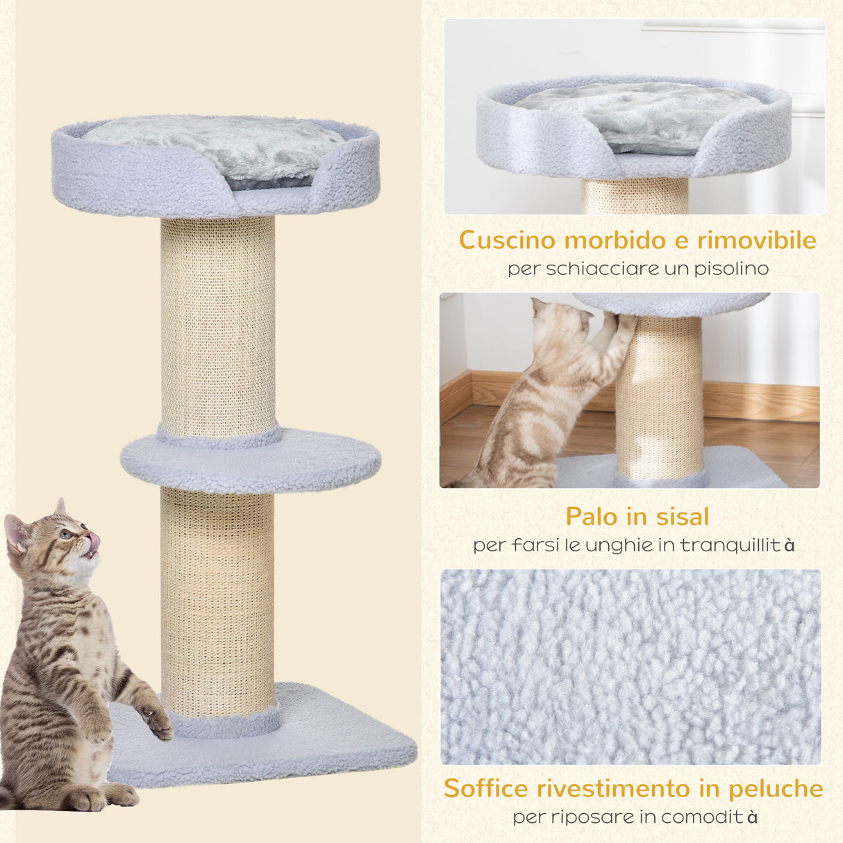 easycomfort easycomfort tiragraffi per gatti con lettino rivestimento peluche e palo in sisal 45x45x91cm azzurro