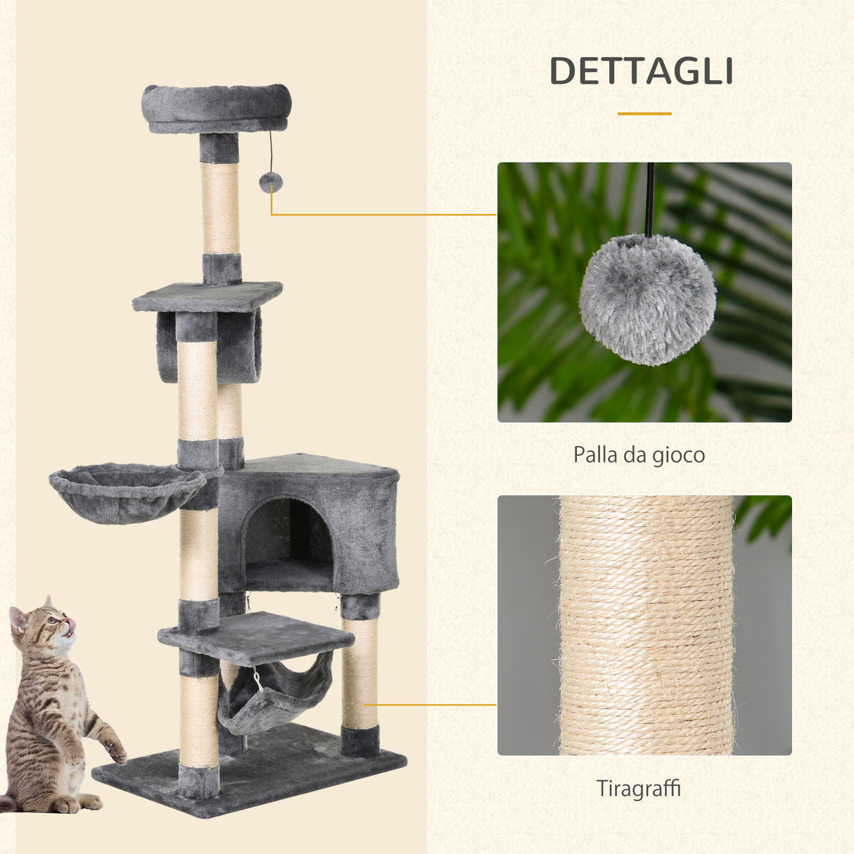 easycomfort easycomfort tiragraffi a colonna per gatti con cuccia amaca lettini sospesi e pali in corda sisal grigio 60x40x154cm ean 8054144139821