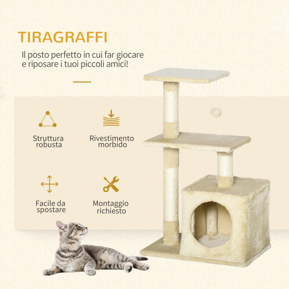 easycomfort easycomfort tiragraffi per gatti con cuccia pallina e pali in corda sisal beige ean 8054111840637