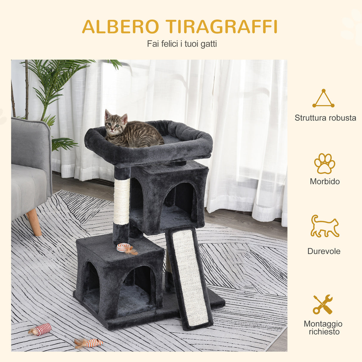 easycomfort easycomfort albero tiragraffi per gatti con pali in sisal lettino e 2 casette 59x39x83cm grigio scuro