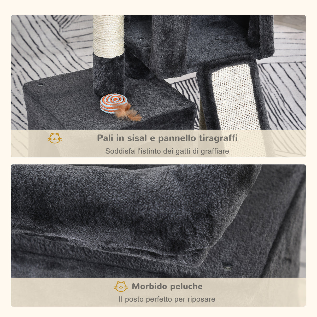 easycomfort easycomfort albero tiragraffi per gatti con pali in sisal lettino e 2 casette 59x39x83cm grigio scuro