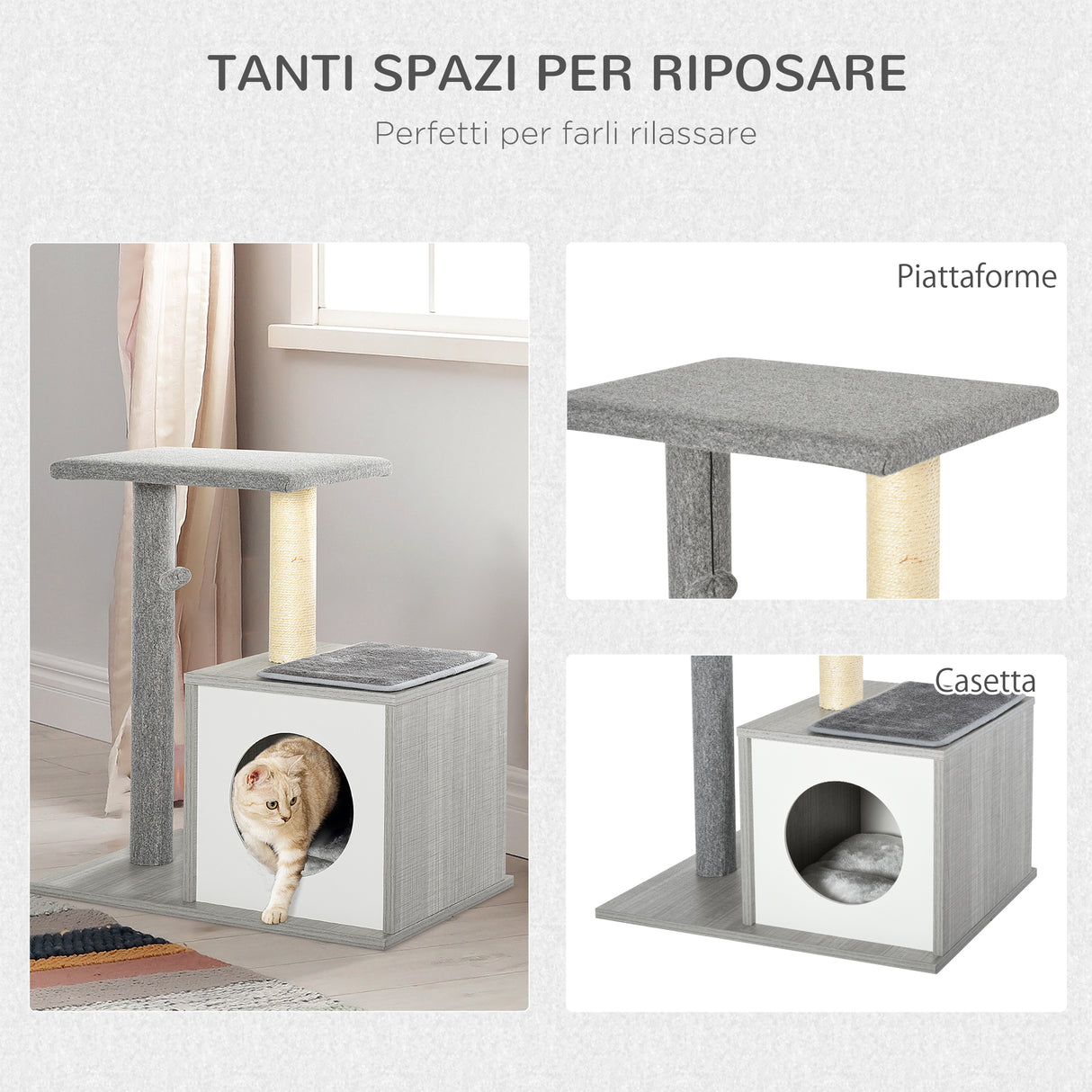 easycomfort easycomfort albero tiragraffi per gatti con cuccia e colonna in corda sisal grigio 59x39x62cm ean 8054144130118