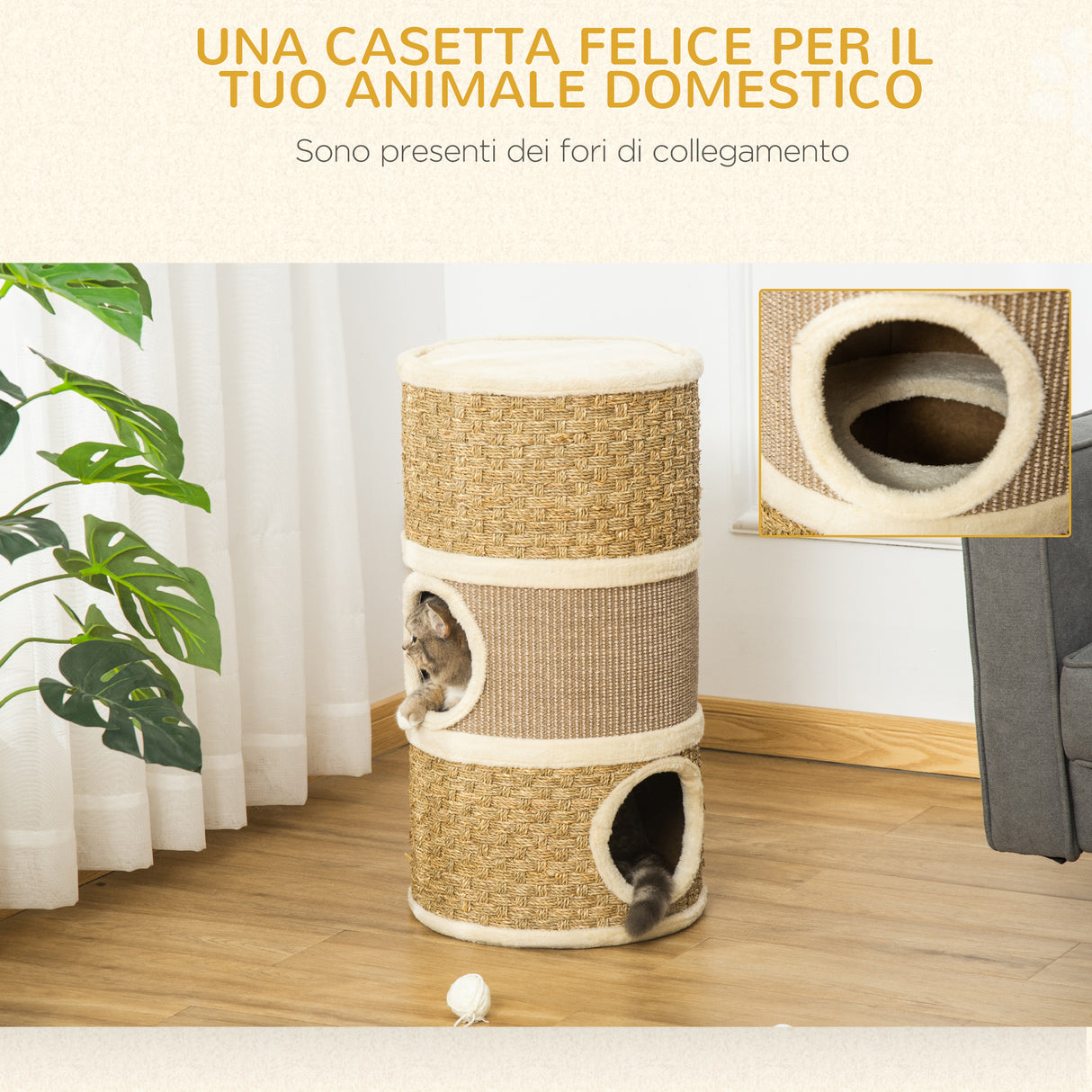 easycomfort easycomfort casetta cuccia per gatti tiragraffi a torre 3 nicchie corda in sisal alga marina ean 8054111846639