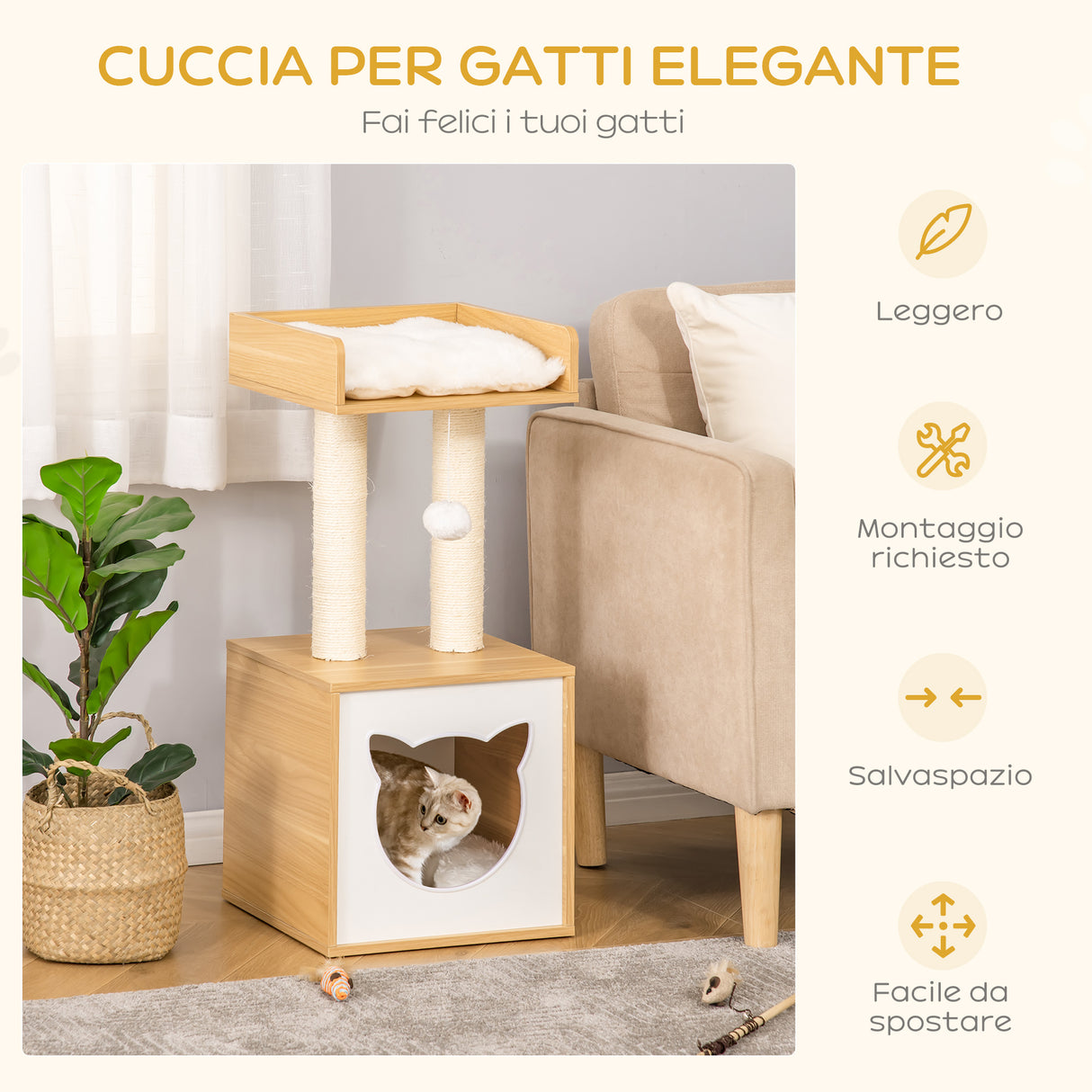 easycomfort easycomfort casetta per gatti con pali tiragraffi in sisal cuscini lavabili e pallina 35x35x81cm quercia