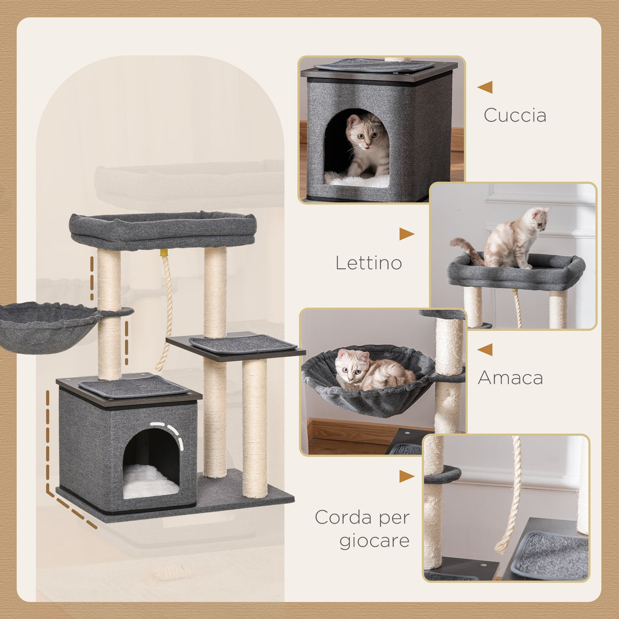 easycomfort easycomfort albero tiragraffi per gatti con lettino amaca casetta e pali in sisal 60x40x83cm grigio