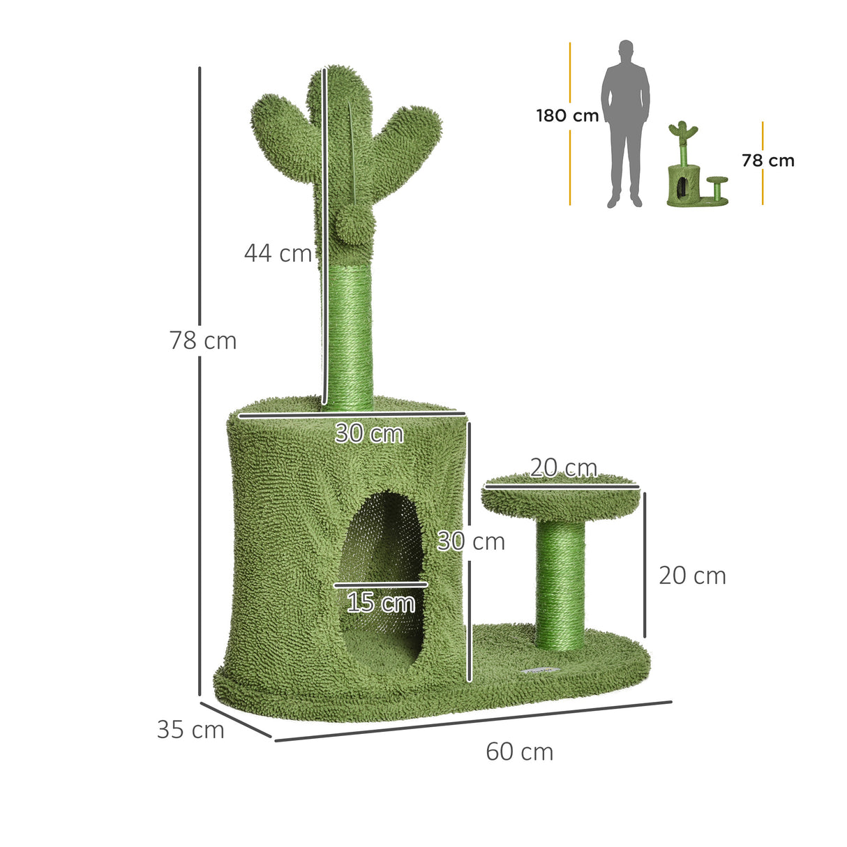easycomfort easycomfort albero tiragraffi per gatti fino 4.5kg a forma di cactus con palline e cuccia 60x35x78cm verde