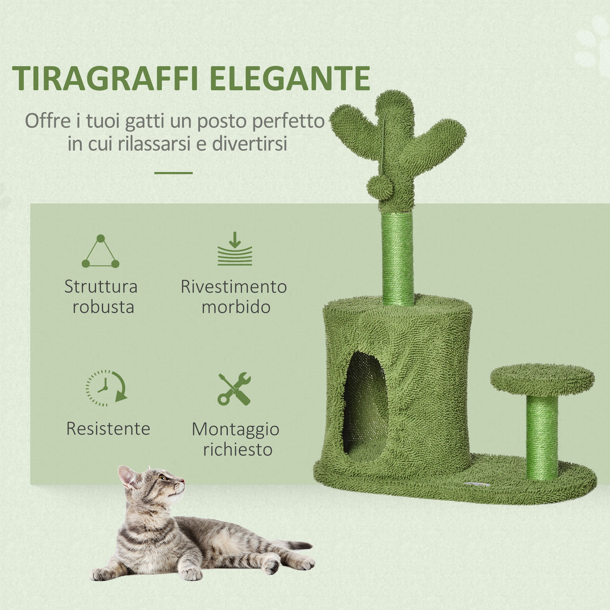 easycomfort easycomfort albero tiragraffi per gatti fino 4.5kg a forma di cactus con palline e cuccia 60x35x78cm verde