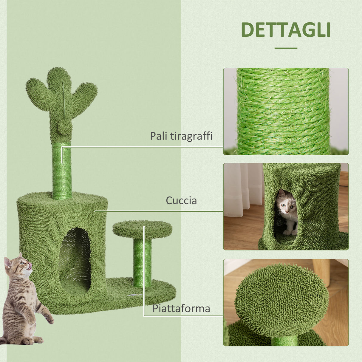 easycomfort easycomfort albero tiragraffi per gatti fino 4.5kg a forma di cactus con palline e cuccia 60x35x78cm verde