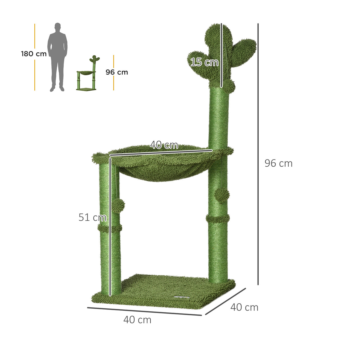 easycomfort easycomfort albero tiragraffi per gatti fino 4.5kg a forma di cactus con palline e amaca 40x40x96cm verde