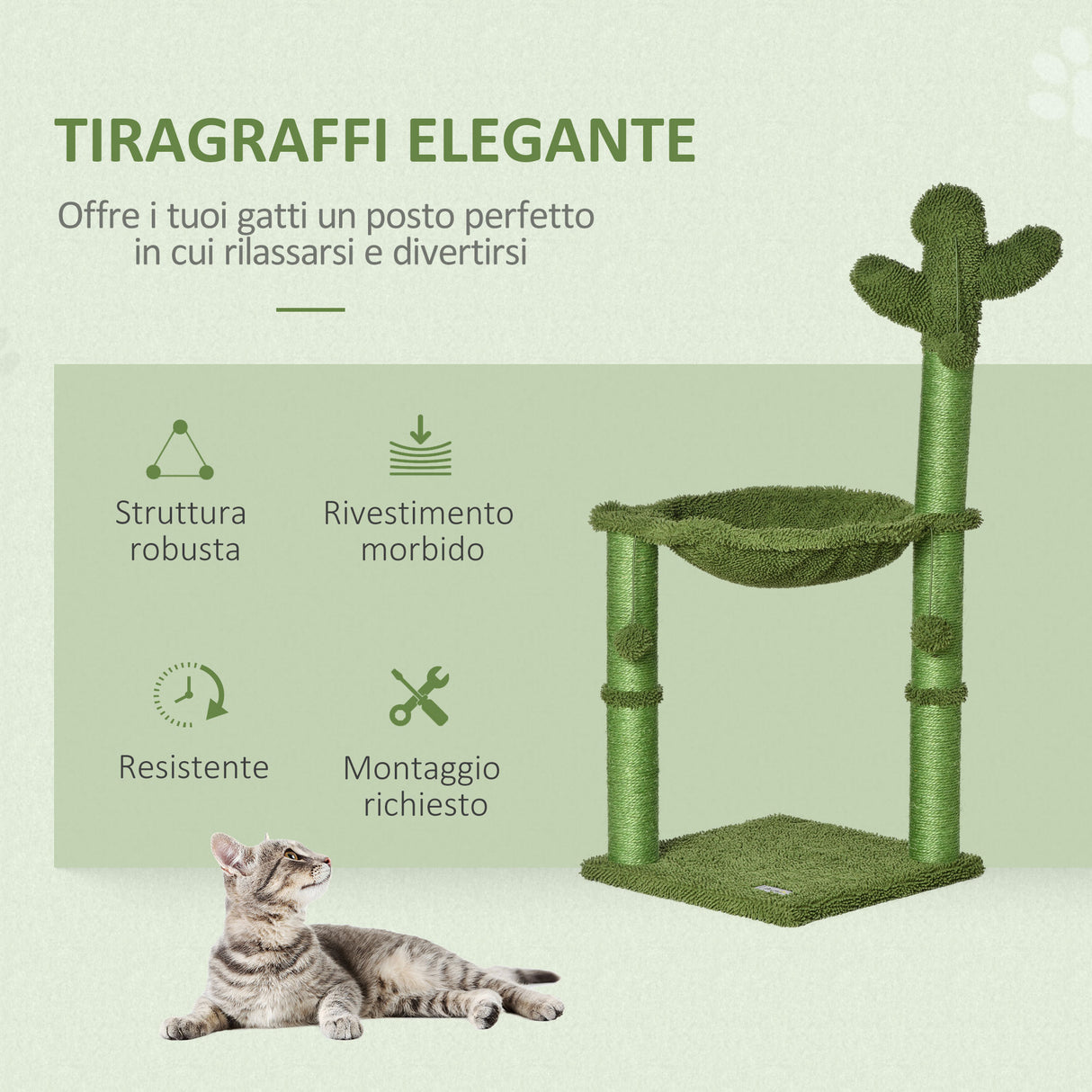 easycomfort easycomfort albero tiragraffi per gatti fino 4.5kg a forma di cactus con palline e amaca 40x40x96cm verde