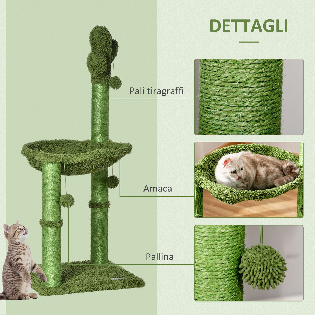 easycomfort easycomfort albero tiragraffi per gatti fino 4.5kg a forma di cactus con palline e amaca 40x40x96cm verde