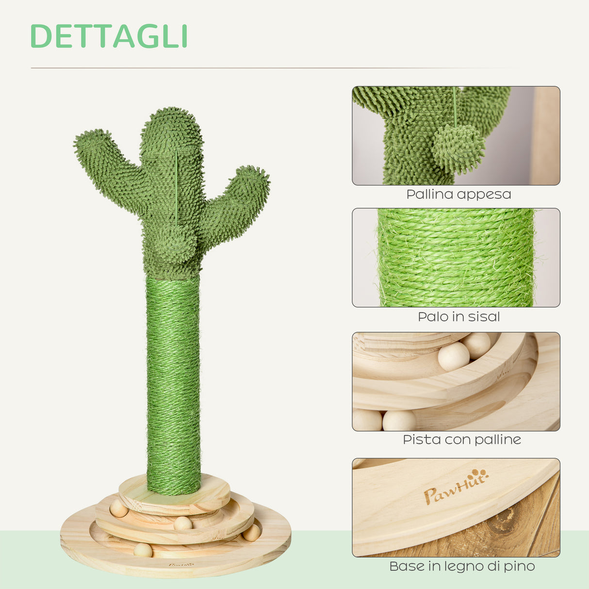 easycomfort easycomfort albero tiragraffi a cactus per gatti corda sisal e base con palline in legno 32x32x60cm