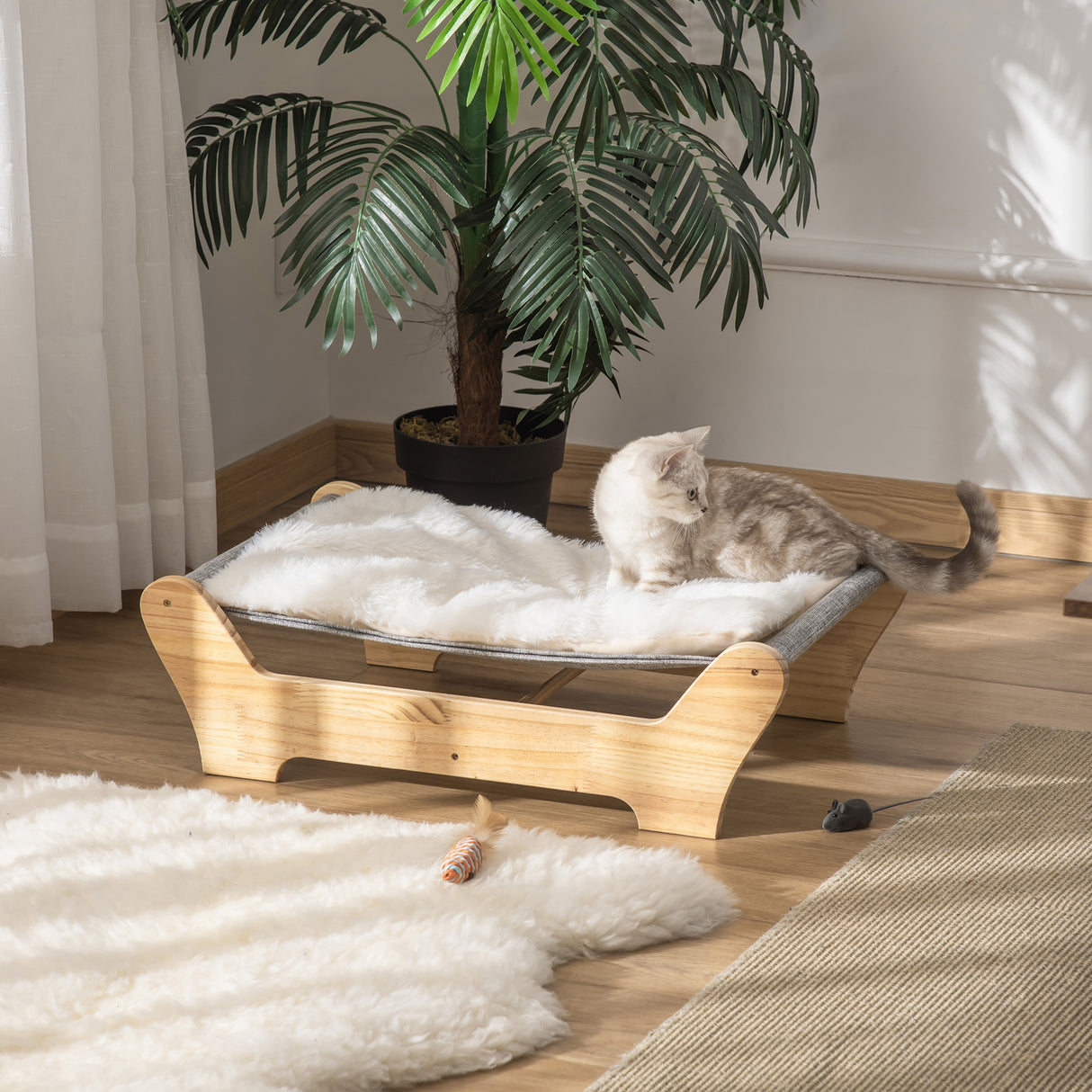 easycomfort easycomfort cuccia per gatti da interno con cuscino in peluche rimovibile e telaio in legno 68x43x20cm biancogrigio