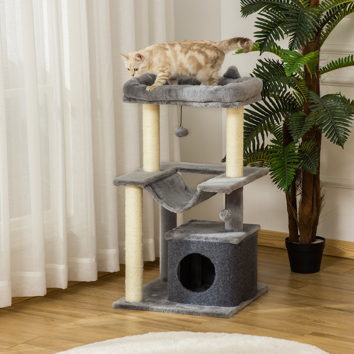 easycomfort easycomfort albero tiragraffi con corde sisal casetta e amaca rivestimento peluche e feltro altezza 100cm grigio