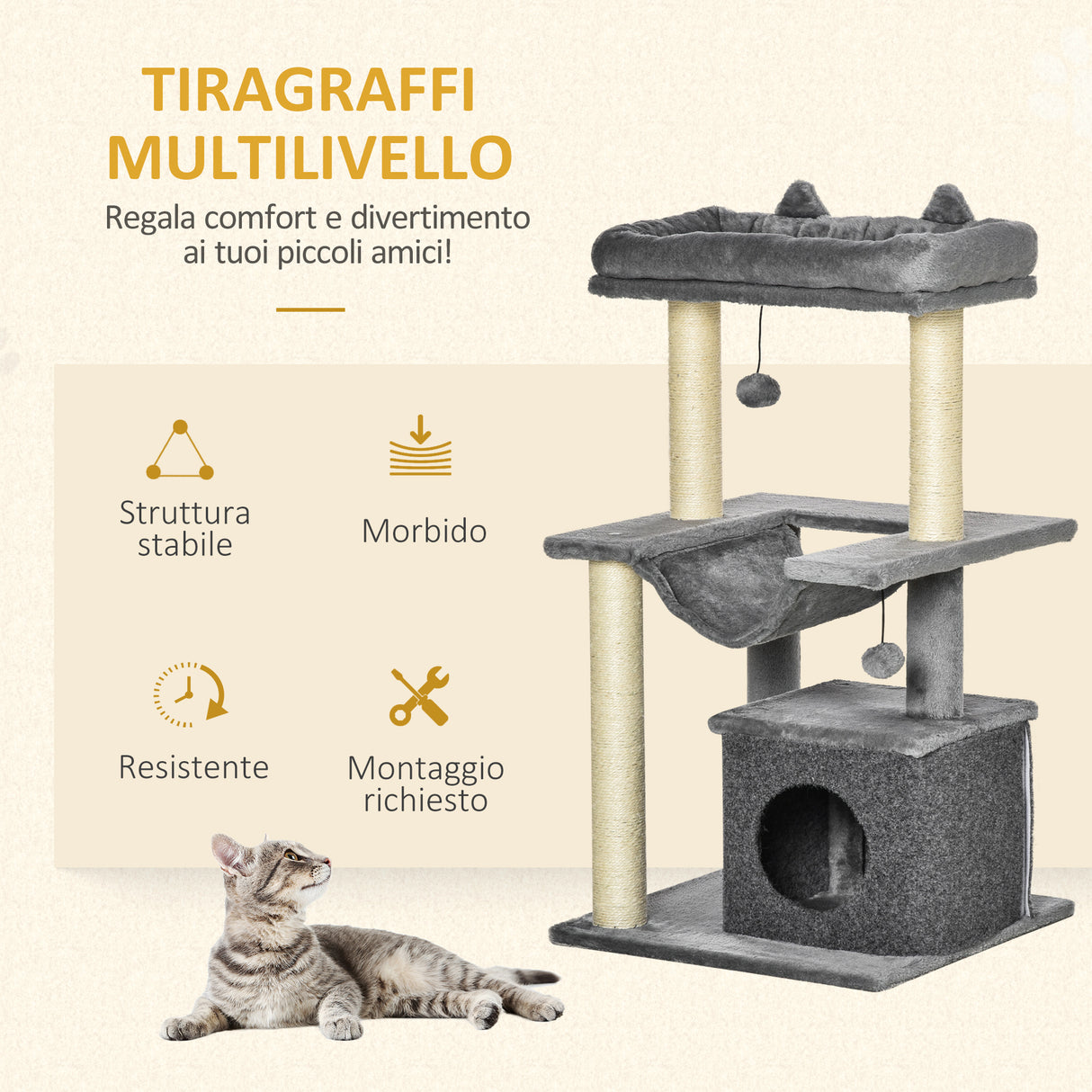easycomfort easycomfort albero tiragraffi con corde sisal casetta e amaca rivestimento peluche e feltro altezza 100cm grigio