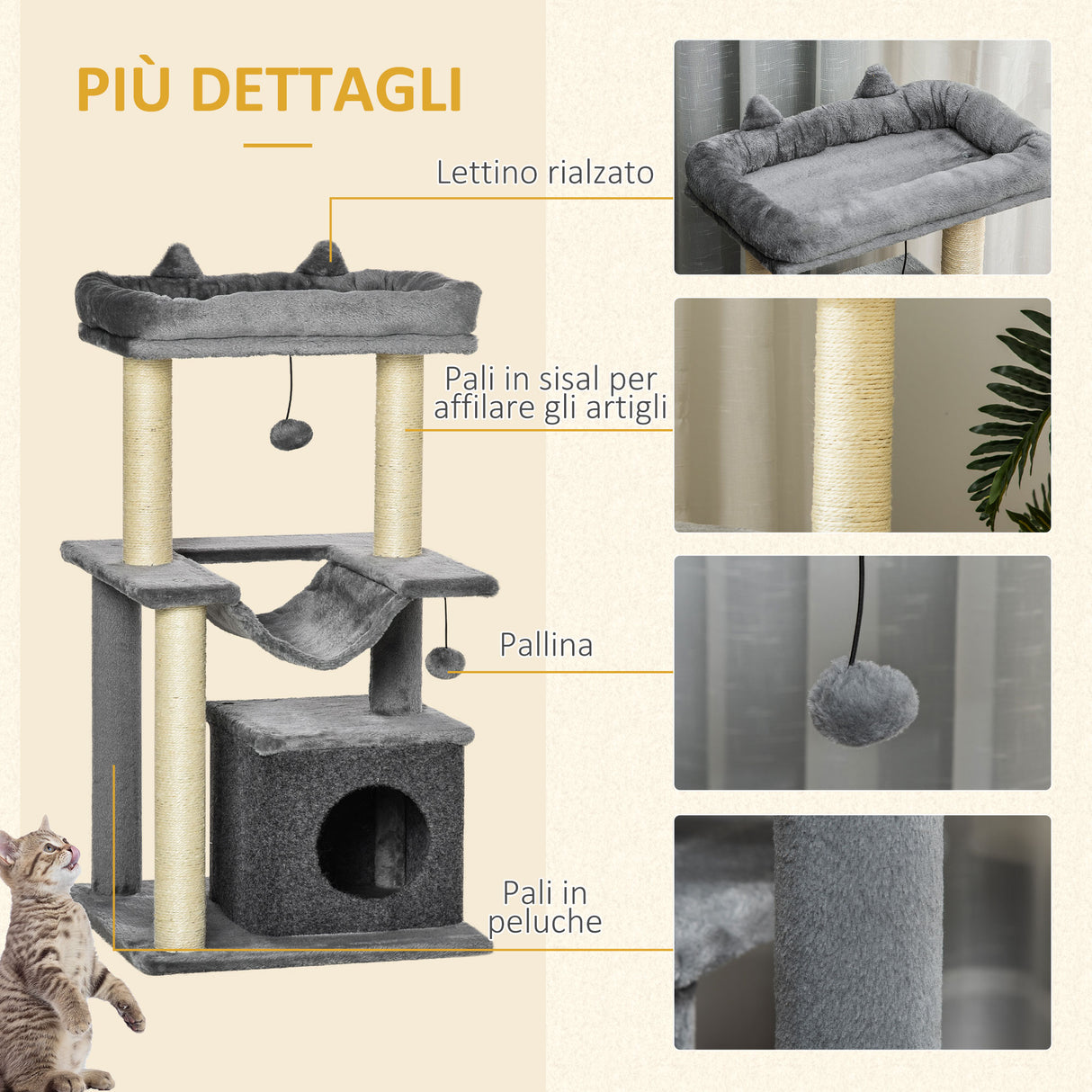 easycomfort easycomfort albero tiragraffi con corde sisal casetta e amaca rivestimento peluche e feltro altezza 100cm grigio