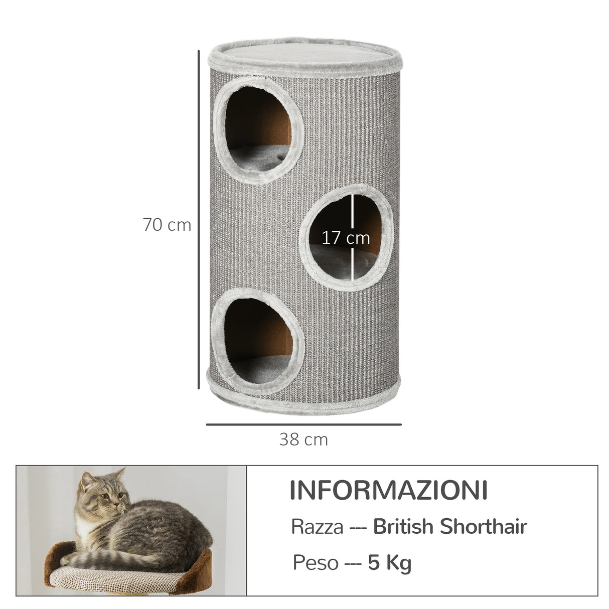 easycomfort easycomfort cuccia per gatti a 3 livelli con tiragraffi in sisal e peluche 38x70cm grigio chiaro