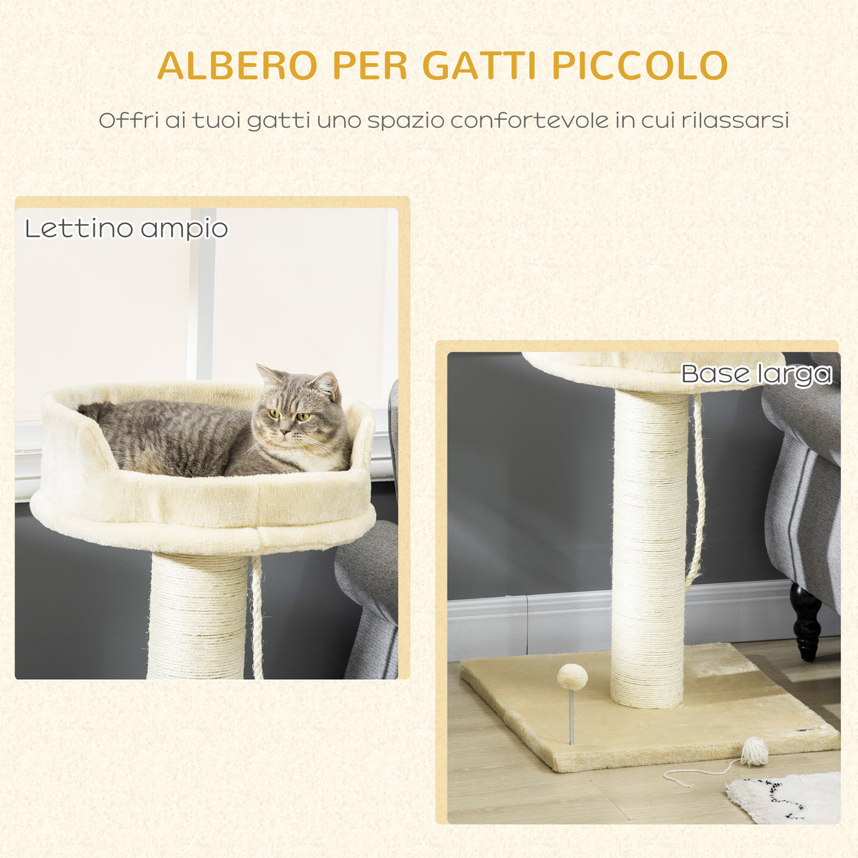 easycomfort easycomfort albero tiragraffi per gatti con lettino e pallina in peluche e palo in sisal 55x55x83cm beige