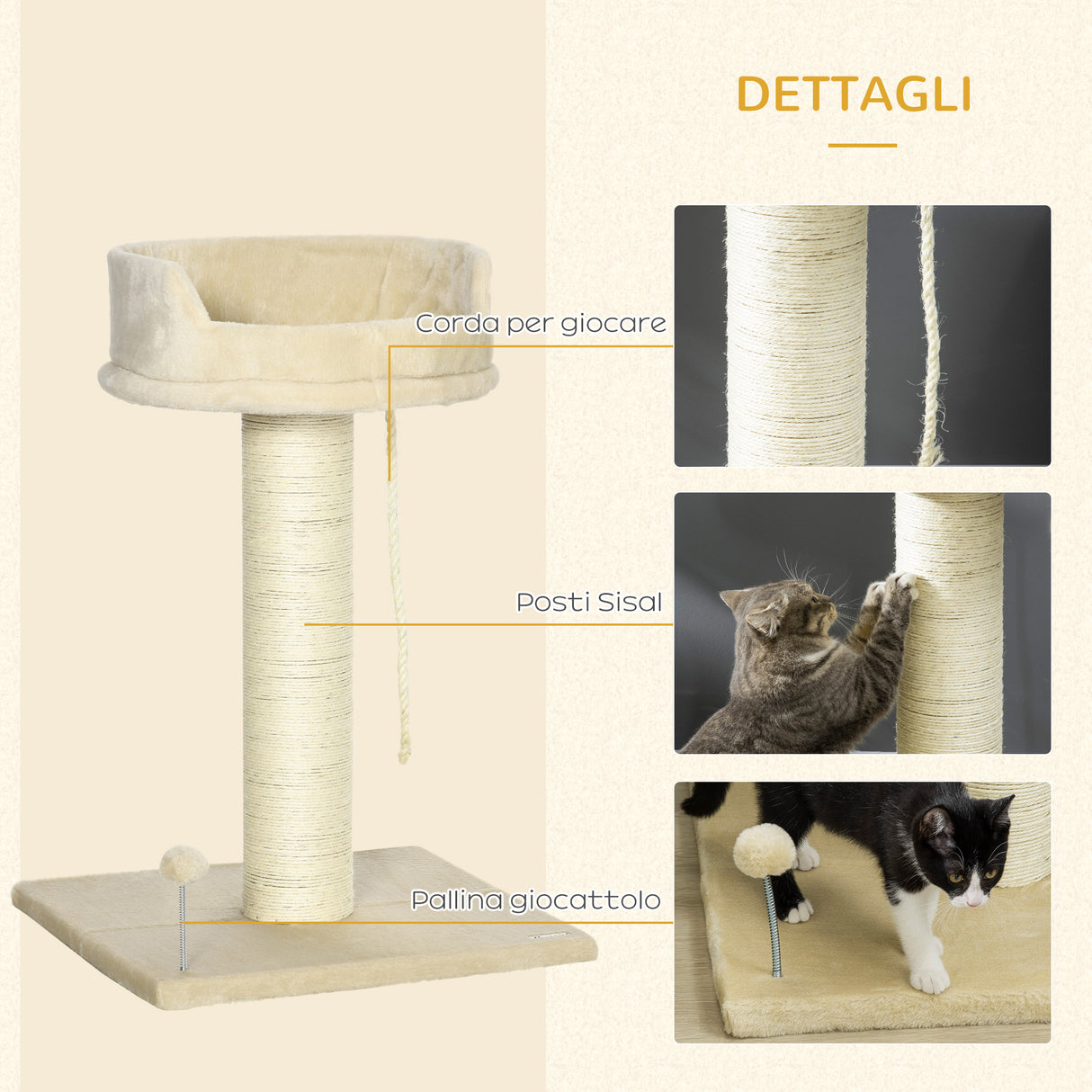 easycomfort easycomfort albero tiragraffi per gatti con lettino e pallina in peluche e palo in sisal 55x55x83cm beige