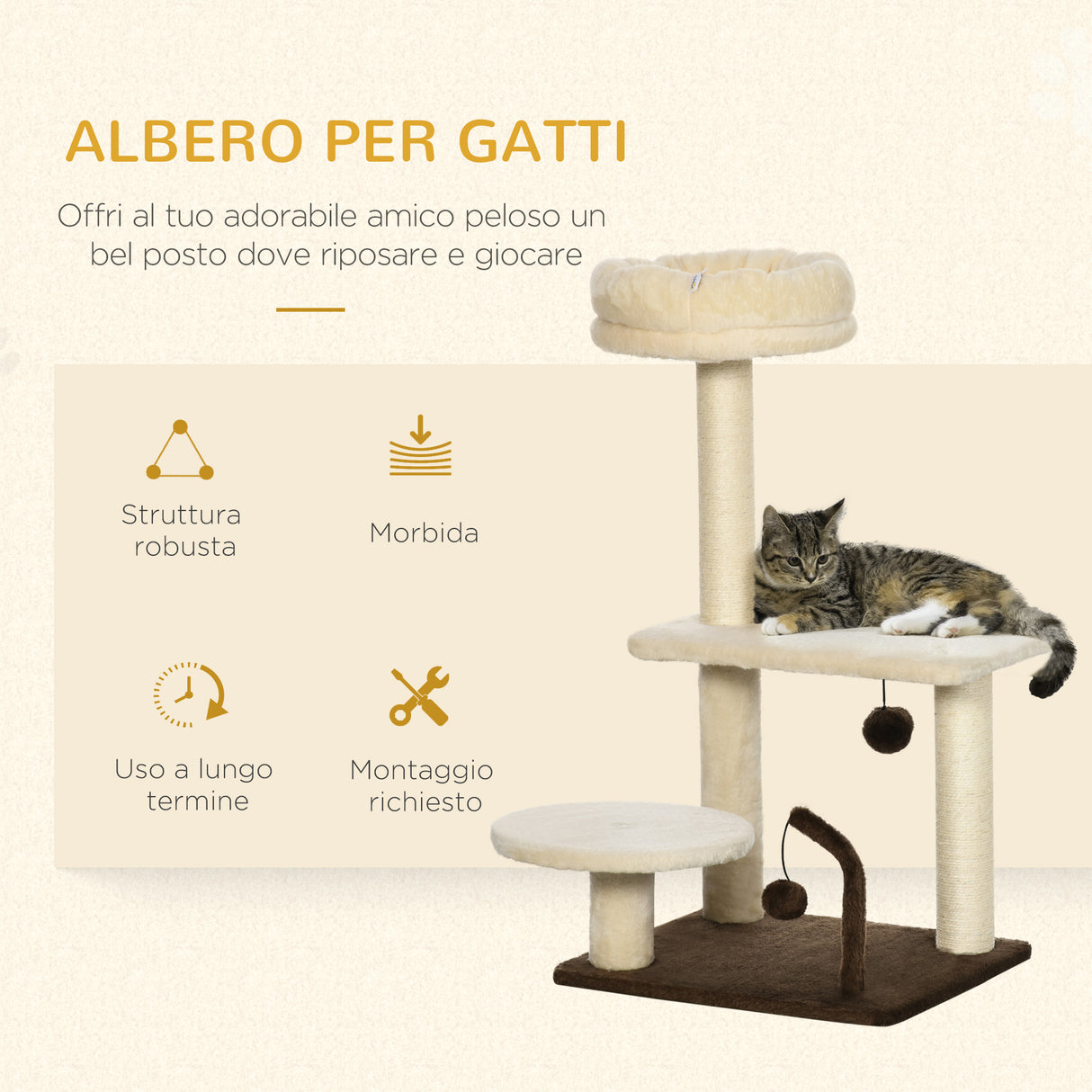 easycomfort easycomfort albero tiragraffi per gatti con palo in sisal posatoio e palline da gioco in truciolato e peluche 44x38x74 cm